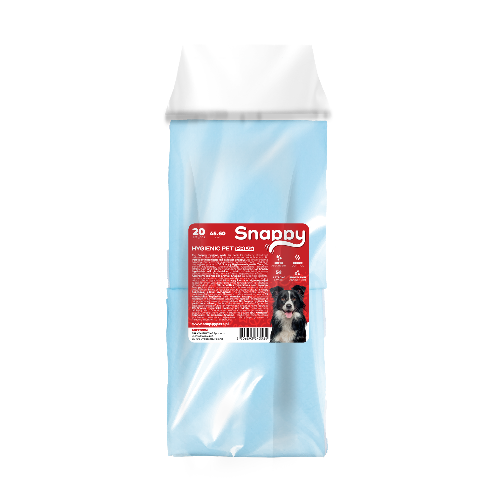 SNAPPY HYGIENIC PET PADS PAWDRY blue 45x60cm 22g, 20 pcs/bag