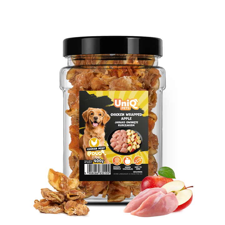 UNIQ PETS DOG SNACKS DUO Chicken Wrapped Apple 400g Jar