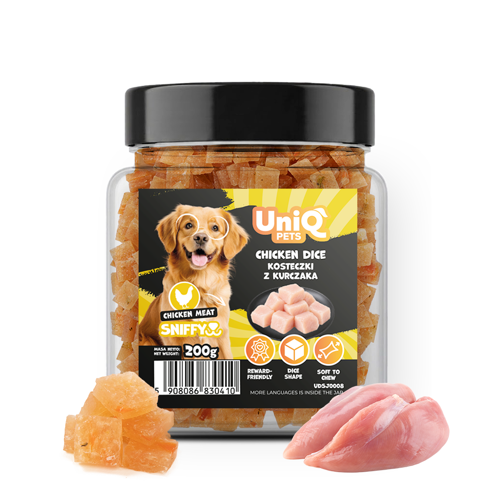 UNIQ PETS DOG SNACKS SNIFFY Chicken + Broccoli Dice 200g Jar