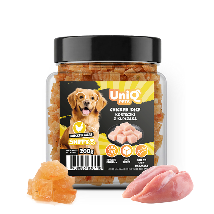 UNIQ PETS DOG SNACKS SNIFFY Chicken + Broccoli Dice 200g Jar