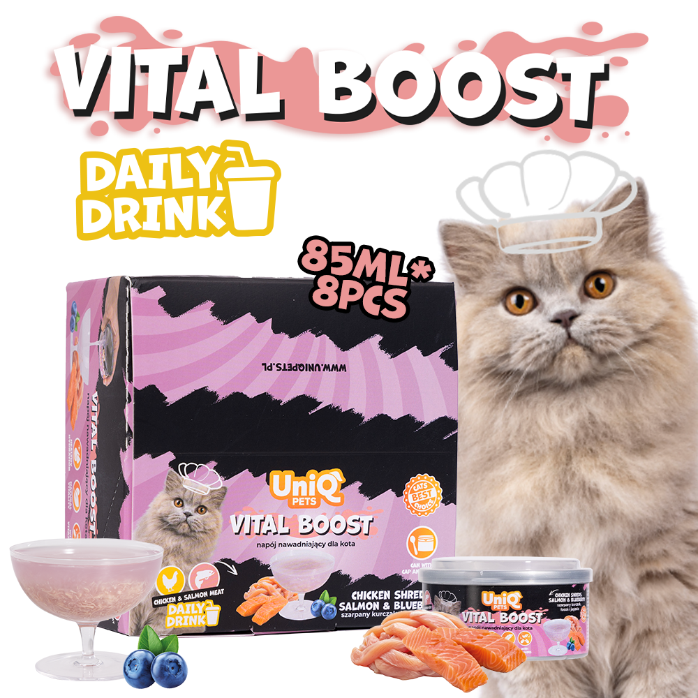 UNIQ PETS CAT WET DAILY DRINK VITAL BOOST Chicken Shreds, Salmon & Blueberry 85ml