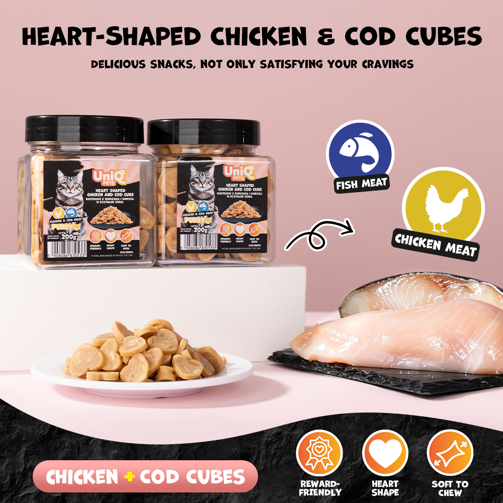 UNIQ PETS CAT SNACKS PURRY Heart Shaped Chicken+Cod Cube Jar 200g
