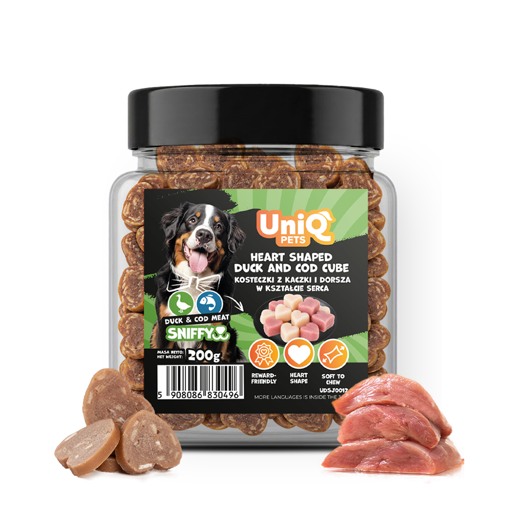 UNIQ PETS DOG SNACKS SNIFFY Heart Shaped Duck+Cod Cube 200g Jar