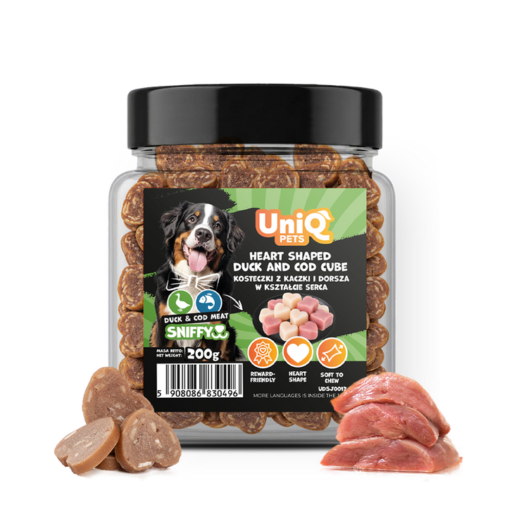 UNIQ PETS DOG SNACKS SNIFFY Heart Shaped Duck+Cod Cube 200g Jar