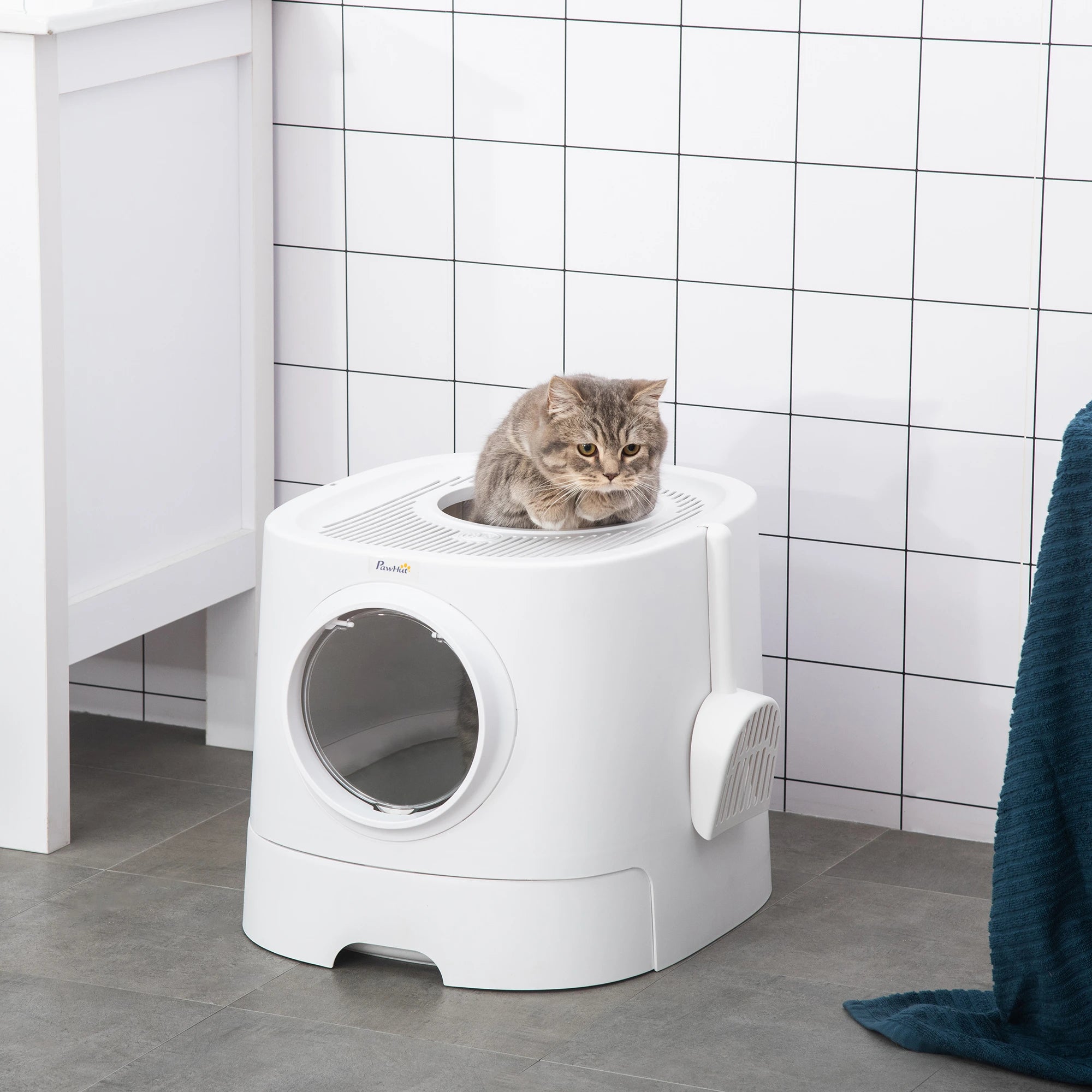 PawHut Portable Cat Litter Box, Pet Toilet with Front Entry Top Exit, Fully Enclosed Kitten Pan with Scoop, White