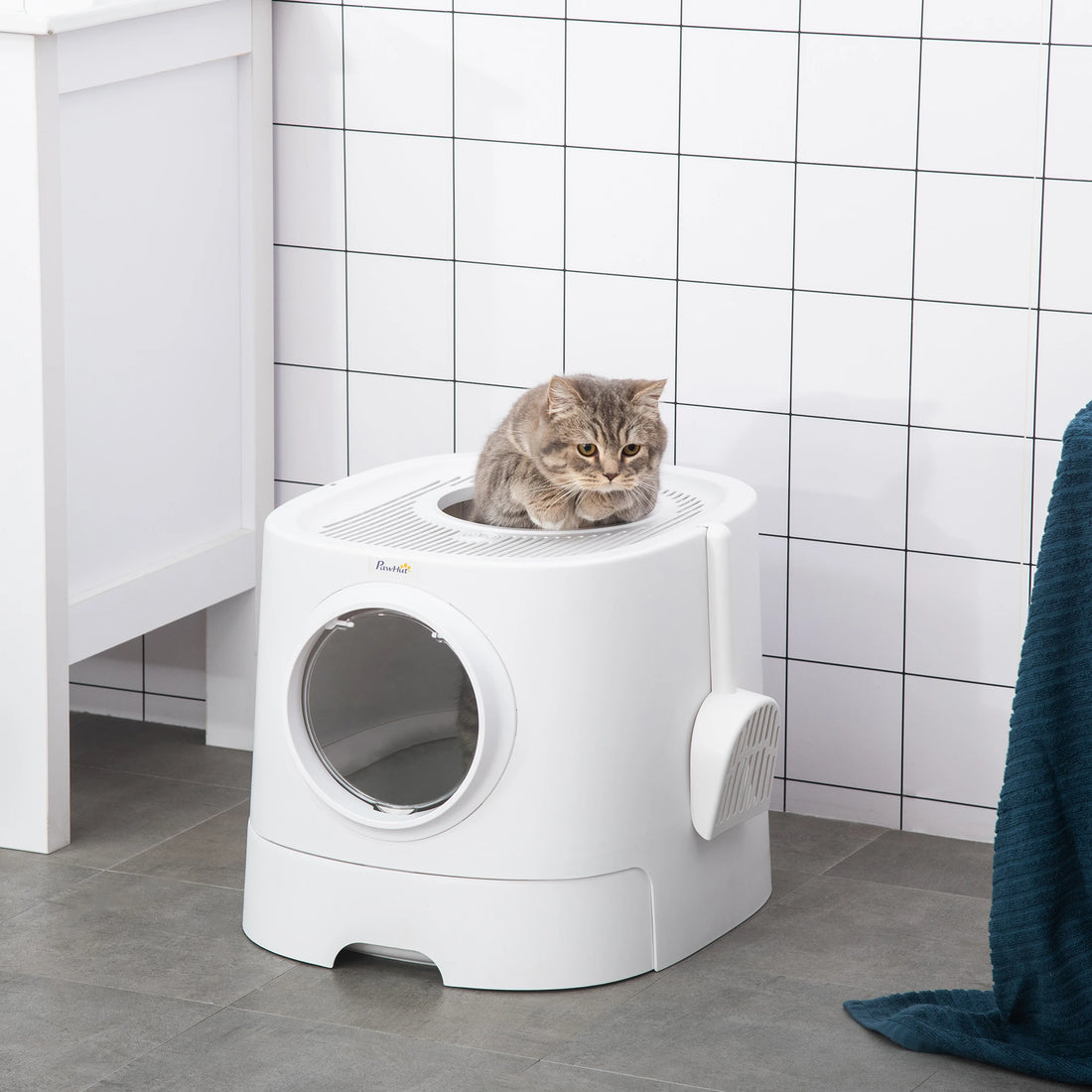 PawHut Portable Cat Litter Box, Pet Toilet with Front Entry Top Exit, Fully Enclosed Kitten Pan with Scoop, White