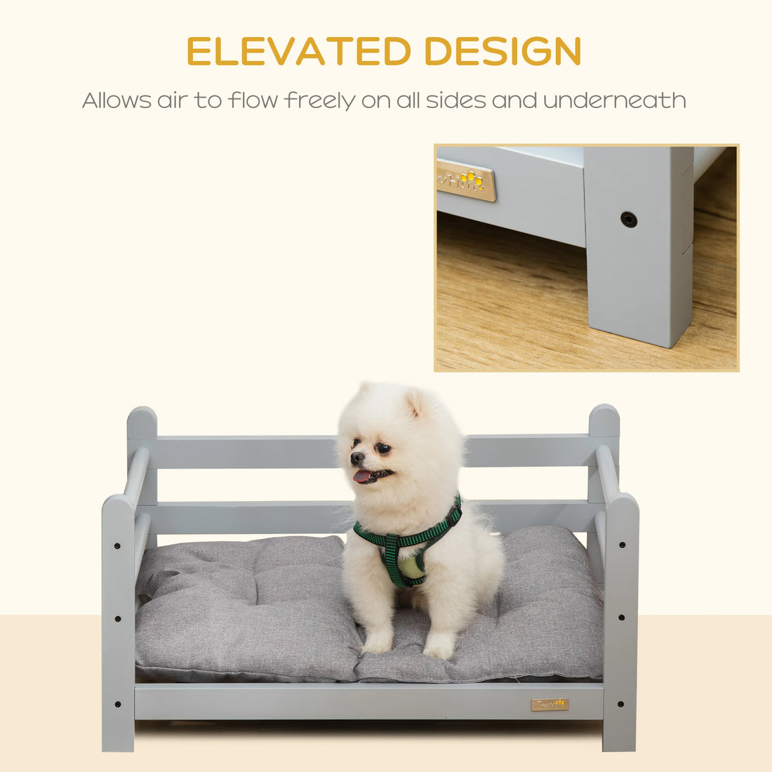 PawHut Raised Pet Bed for Small Dogs Cats w/ Washable Cushion, Grey