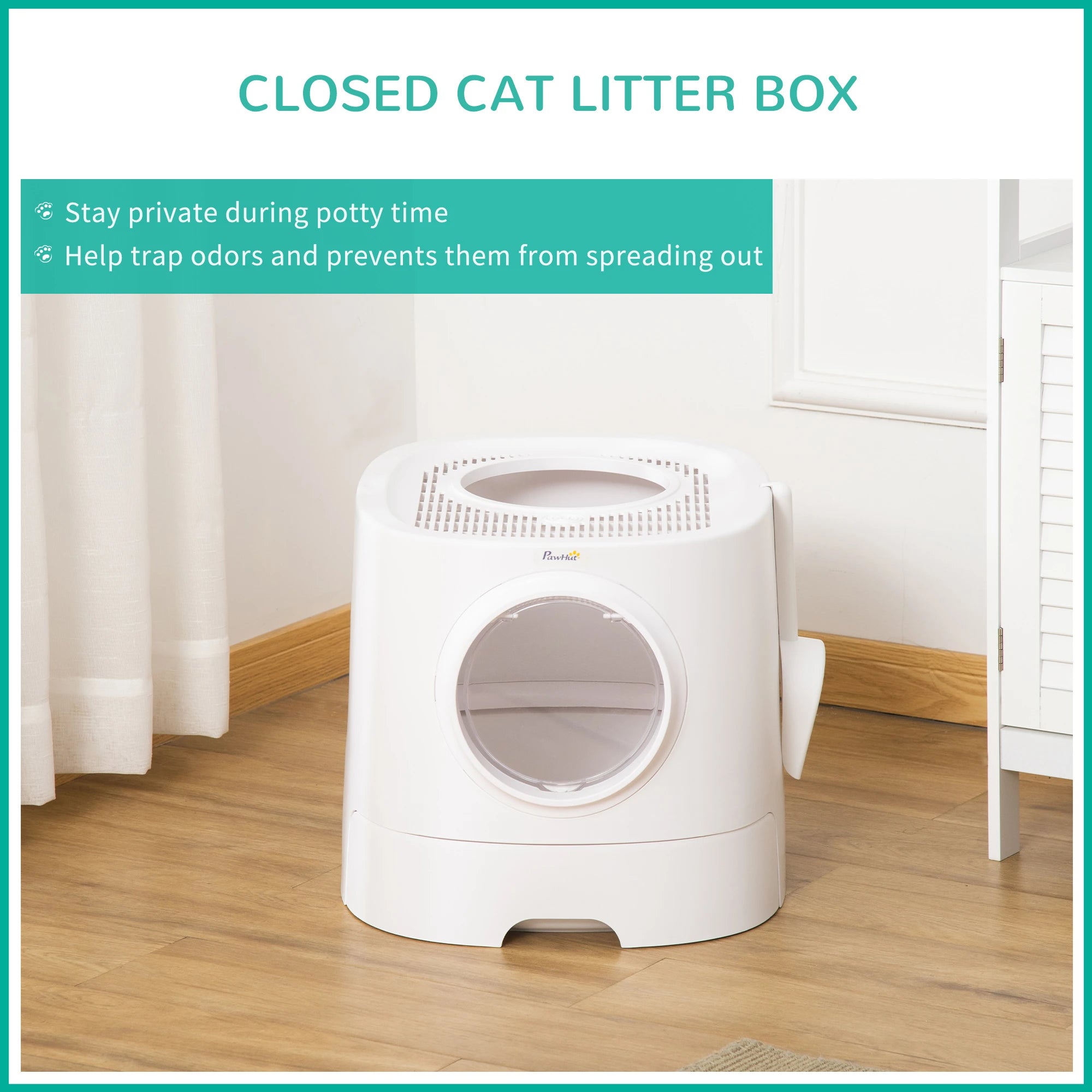 PawHut Portable Cat Litter Box, Pet Toilet with Front Entry Top Exit, Fully Enclosed Kitten Pan with Scoop, White