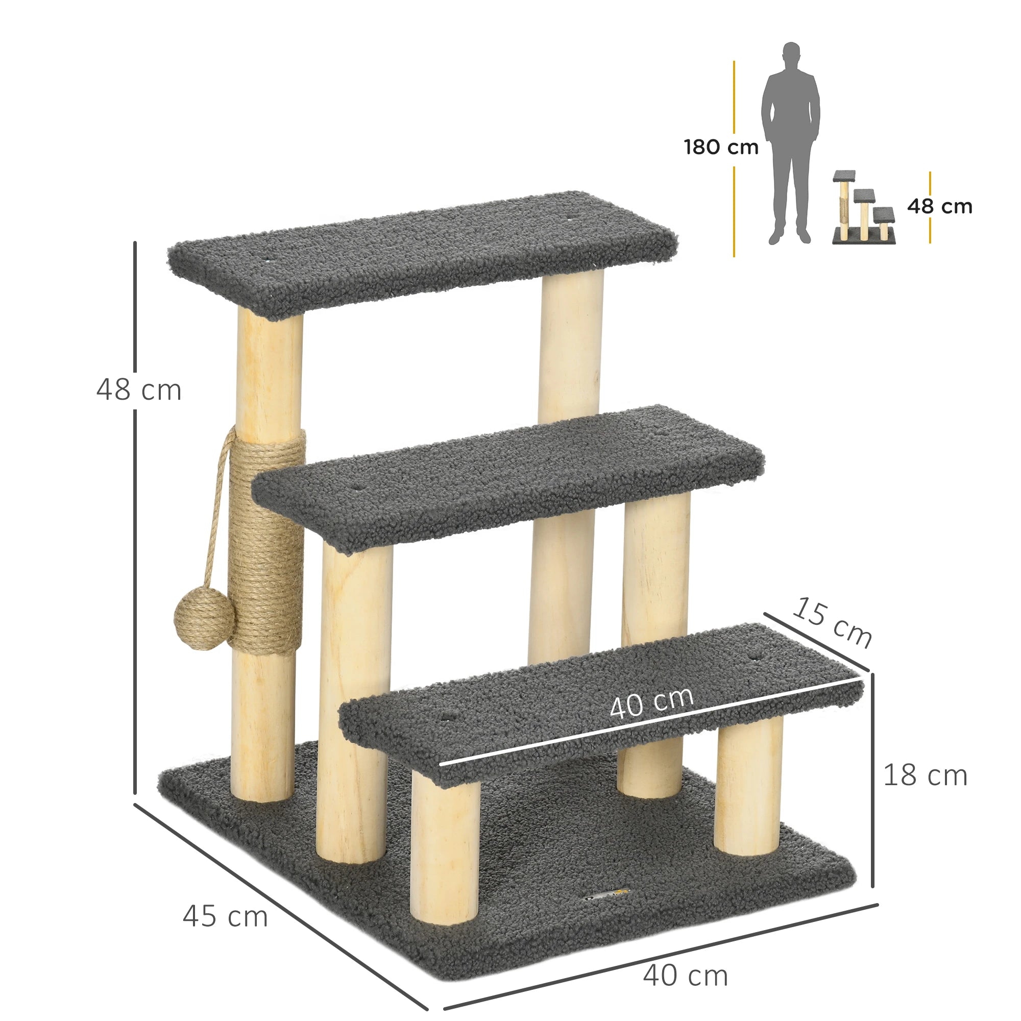 PawHut 48cm Three-Step Cat Tree, with Toy Ball, Jute Scratching Post - Grey