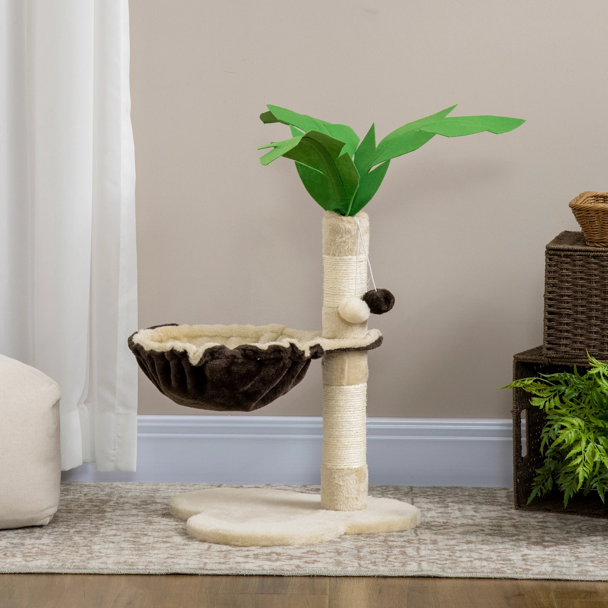 PawHut 68cm Palm Tree Shaped Cat Tree w/ Hammock, Sisal Scratching Post - Beige
