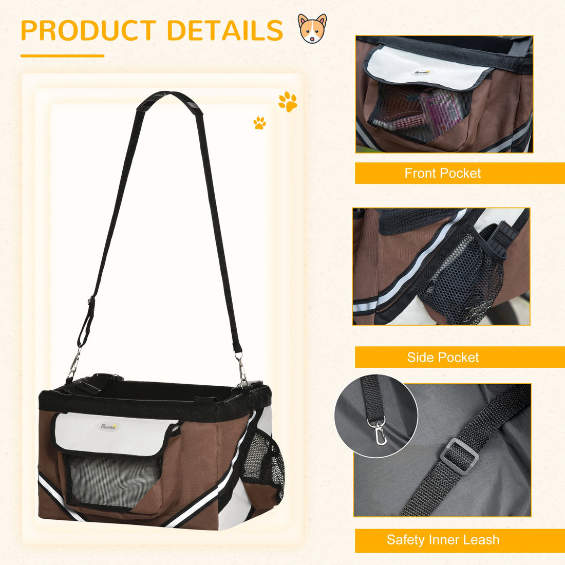 PawHut Dog Bike Basket, 3 in 1 Cat Travel Bag Bicycle Carrier Sling Bag with Storage